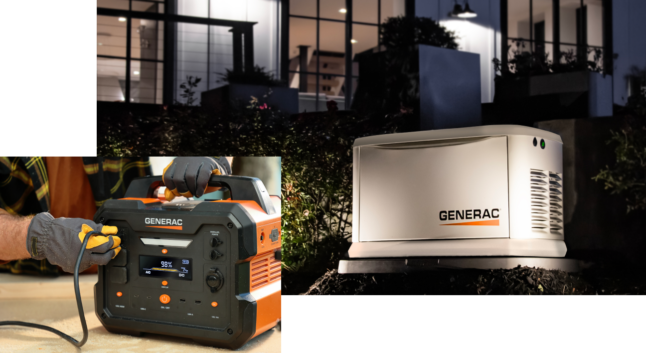 A Generac portable power station next to a home standby generator